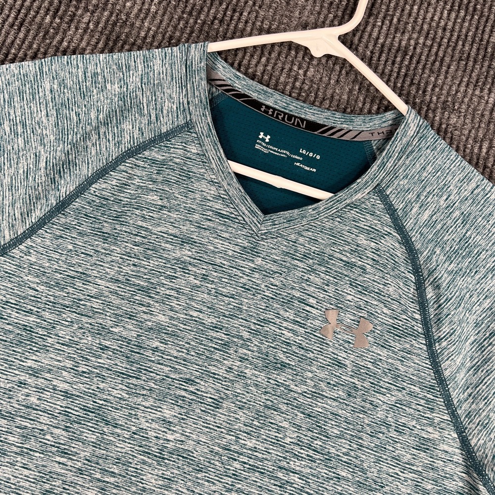 Under Armour Shirt Mens Large Teal Short Sleeve HeatGear Fitted Running V Neck